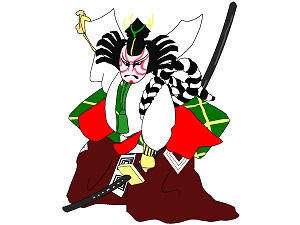 顔全体を白く塗ったうえで、赤や青、黒で極端なメイクをした歌舞伎役者のイラスト画像